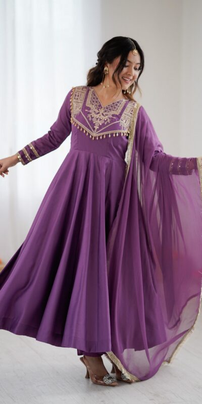 ZSR 3149 Lavender Roman silk Gown Perfect for Wedding, Party, Sangeet, Haldi, Lohri – . Introductory Price ₹2099. Delivery 4-6 Working Days. Shop now. | Bollywood Gowns, Creative Gowns, Designer Gowns, Embroidered Gowns, Gowns, Party Wear Gowns