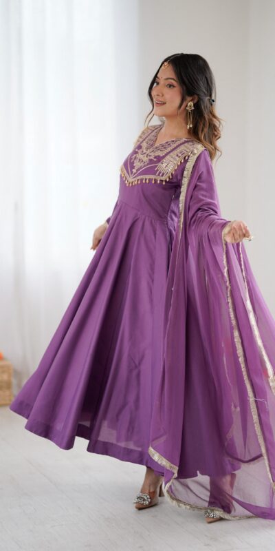 ZSR 3149 Lavender Roman silk Gown Perfect for Wedding, Party, Sangeet, Haldi, Lohri – . Introductory Price ₹2099. Delivery 4-6 Working Days. Shop now. | Bollywood Gowns, Creative Gowns, Designer Gowns, Embroidered Gowns, Gowns, Party Wear Gowns