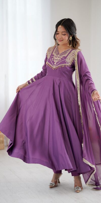 ZSR 3149 Lavender Roman silk Gown Perfect for Wedding, Party, Sangeet, Haldi, Lohri – . Introductory Price ₹2099. Delivery 4-6 Working Days. Shop now. | Bollywood Gowns, Creative Gowns, Designer Gowns, Embroidered Gowns, Gowns, Party Wear Gowns