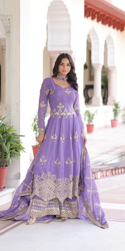 KA 1212 Lavender in Silver Crunchy Sequins Work & Embroidery Work Gown . Now at just ₹3199. Delivery 4-6 Working Days. Shop now. | Bollywood Gowns, Creative Gowns, Designer Gowns, Embroidered Gowns, Gowns, Party Wear Gowns