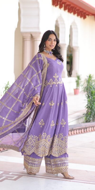 KA 1212 Lavender in Silver Crunchy Sequins Work & Embroidery Work Gown . Now at just ₹3199. Delivery 4-6 Working Days. Shop now. | Bollywood Gowns, Creative Gowns, Designer Gowns, Embroidered Gowns, Gowns, Party Wear Gowns