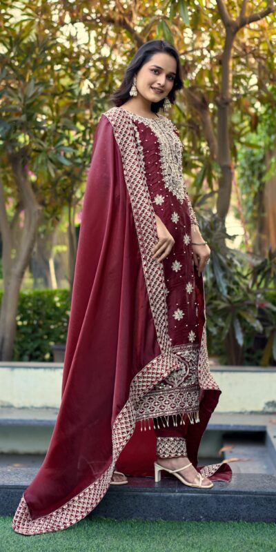 SR 1698 Maroon in Color Organza Silk Embroidery Work Salwar Suit . Festive Deal ₹2499. Delivery 4-6 Working Days. Shop now. | Jump Suits, Straight Suits, Tops & Bottoms, Track Suits, Trendy Wear, Casual Suits, Creative suits, Designer Suits, Palazzo Suits, Party Wear Suits, Patiala Suits, Salwar suit