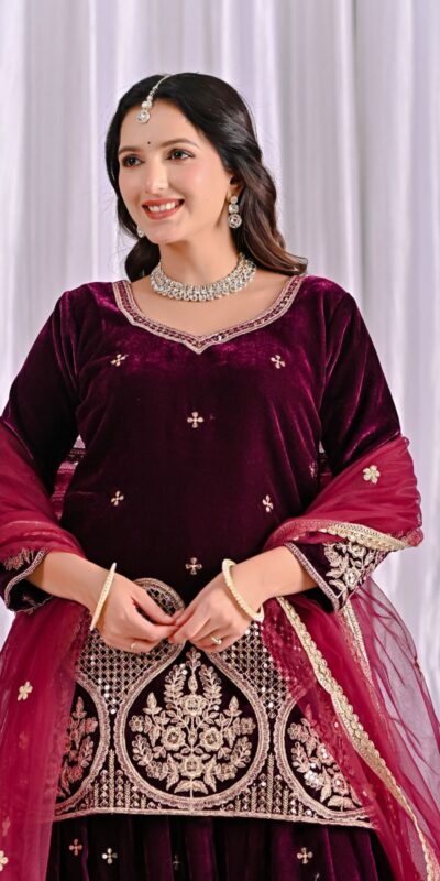 ND 5054 Maroon Embroidery Work Salwar Suit in Maroon Viscous Velvet. Available at ₹2449 only. Delivery 4-6 Working Days. Shop now. | Designer Suits, Jump Suits, Tops & Bottoms, Track Suits, Trendy Wear, Casual Suits, Creative suits, Palazzo Suits, Party Wear Suits, Patiala Suits, Salwar suit, Straight Suits