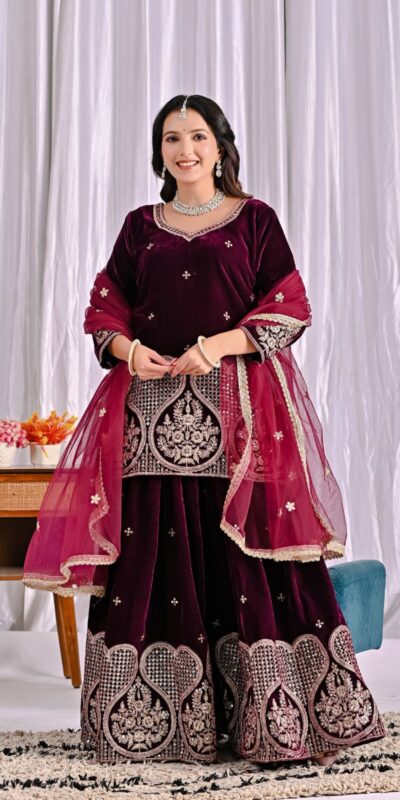 ND 5054 Maroon Embroidery Work Salwar Suit in Maroon Viscous Velvet. Available at ₹2449 only. Delivery 4-6 Working Days. Shop now. | Designer Suits, Jump Suits, Tops & Bottoms, Track Suits, Trendy Wear, Casual Suits, Creative suits, Palazzo Suits, Party Wear Suits, Patiala Suits, Salwar suit, Straight Suits