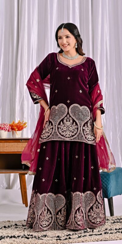 ND 5054 Maroon Embroidery Work Salwar Suit in Maroon Viscous Velvet. Available at ₹2449 only. Delivery 4-6 Working Days. Shop now. | Designer Suits, Jump Suits, Tops & Bottoms, Track Suits, Trendy Wear, Casual Suits, Creative suits, Palazzo Suits, Party Wear Suits, Patiala Suits, Salwar suit, Straight Suits