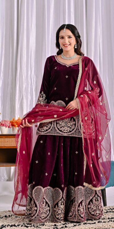 ND 5054 Maroon Embroidery Work Salwar Suit in Maroon Viscous Velvet. Available at ₹2449 only. Delivery 4-6 Working Days. Shop now. | Designer Suits, Jump Suits, Tops & Bottoms, Track Suits, Trendy Wear, Casual Suits, Creative suits, Palazzo Suits, Party Wear Suits, Patiala Suits, Salwar suit, Straight Suits