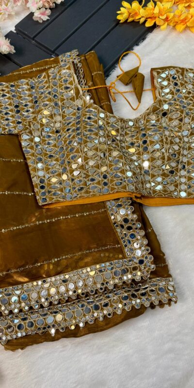BT 413 Mustered Organza Silk Saree with Mirror Work & Embroidery Work. Introductory Price ₹1999. Delivery 4-6 Working Days. Shop now. | Bollywood Sarees, Creative Sarees, Designer Sarees, Embroidered Sarees, Ethnic Saree, Modern Digital sarees, Party Wear Sarees, Sarees
