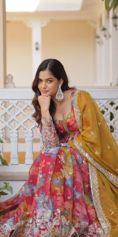 KA 1076 Mustered Russian Silk Gown Perfect for Wedding, Party, Ethnic Day, Haldi, Traditional Day – . Special Price ₹1499. Delivery 4-6 Working Day | Bollywood Gowns, Creative Gowns, Designer Gowns, Embroidered Gowns, Gowns, Party Wear Gowns