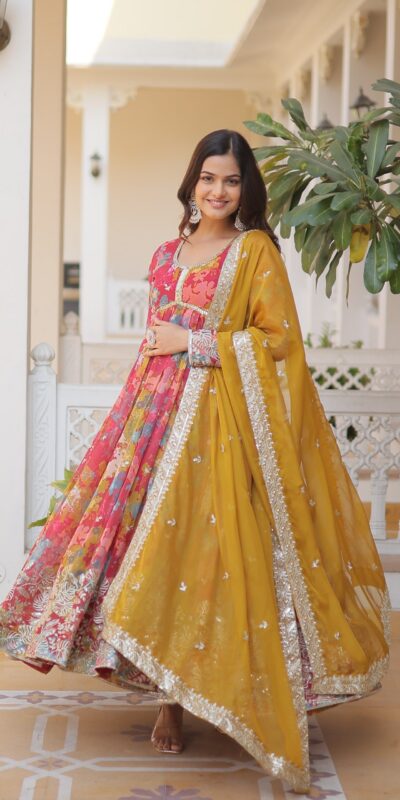 KA 1076 Mustered Russian Silk Gown Perfect for Wedding, Party, Ethnic Day, Haldi, Traditional Day – . Special Price ₹1499. Delivery 4-6 Working Day | Bollywood Gowns, Creative Gowns, Designer Gowns, Embroidered Gowns, Gowns, Party Wear Gowns