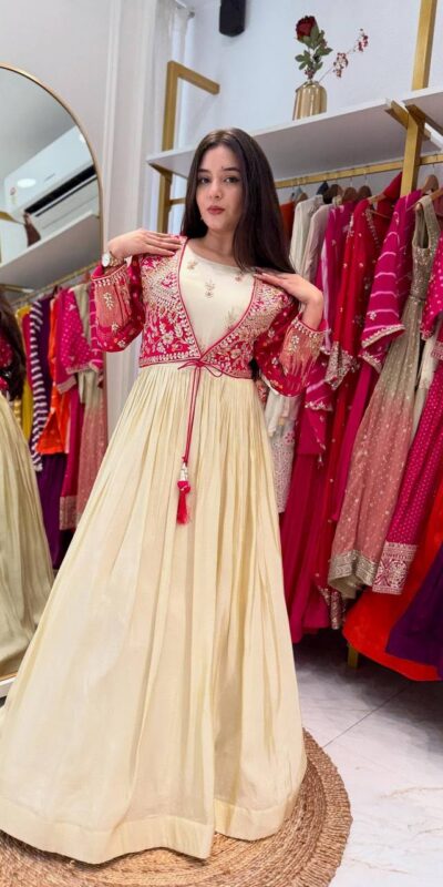 BT 5022 Off White Mono Silk Gown Perfect for Wedding, Party, Housewarming, Sangeet, Pongal – . Available at ₹2149 only. Delivery 4-6 Working Days. | Bollywood Gowns, Creative Gowns, Designer Gowns, Embroidered Gowns, Gowns, Party Wear Gowns