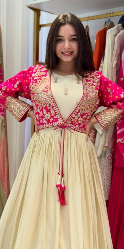 BT 5022 Off White Mono Silk Gown Perfect for Wedding, Party, Housewarming, Sangeet, Pongal – . Available at ₹2149 only. Delivery 4-6 Working Days. | Bollywood Gowns, Creative Gowns, Designer Gowns, Embroidered Gowns, Gowns, Party Wear Gowns
