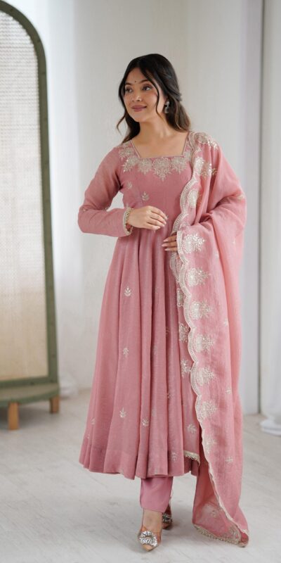 ZF 5011 Onion Crunchy Silk Gown with Embroidery Work. Wedding, Party, Festive, Events Best Price ₹2099. Delivery 4-6 Working Days. Shop now. | Bollywood Gowns, Creative Gowns, Designer Gowns, Embroidered Gowns, Gowns, Party Wear Gowns