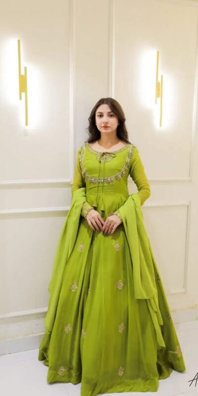 LG 2047 Parrot Green in Color Georgette Embroidery Work Gown . Wedding, Party, Festive, Events Grab it for ₹1949. Delivery 4-6 Working Days. Shop now. | Bollywood Gowns, Creative Gowns, Designer Gowns, Embroidered Gowns, Gowns, Party Wear Gowns