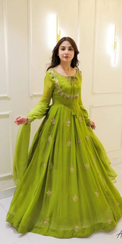 LG 2047 Parrot Green in Color Georgette Embroidery Work Gown . Wedding, Party, Festive, Events Grab it for ₹1949. Delivery 4-6 Working Days. Shop now. | Bollywood Gowns, Creative Gowns, Designer Gowns, Embroidered Gowns, Gowns, Party Wear Gowns