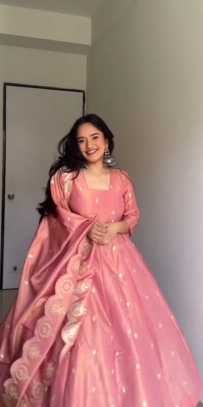 ZF 417 Peach Gold Crush Silk Gown Perfect for Wedding, Party, Raksha Bandhan, Engagement, Cultural Events –. Now at just ₹2049. Delivery 4-6 Working | Bollywood Gowns, Creative Gowns, Designer Gowns, Embroidered Gowns, Gowns, Party Wear Gowns