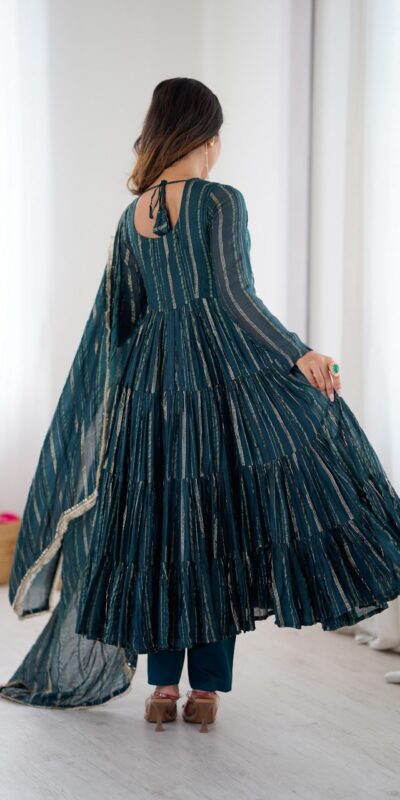 SRK 5305 Peacock Blue Color Mal Chanderi Gown with Mirror Work & Lace Work. Grab it for ₹2399. Delivery 4-6 Working Days. Shop now. | Bollywood Gowns, Creative Gowns, Designer Gowns, Embroidered Gowns, Gowns, Party Wear Gowns