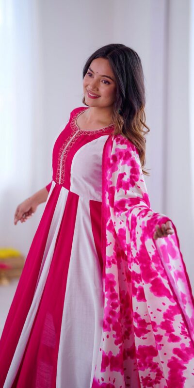 ZF 5014 Pink Roman Silk Gown with Embroidery Work & Digital Print . Exclusive Offer ₹2149. Delivery 4-6 Working Days. Shop now. | Bollywood Gowns, Creative Gowns, Designer Gowns, Embroidered Gowns, Gowns, Party Wear Gowns