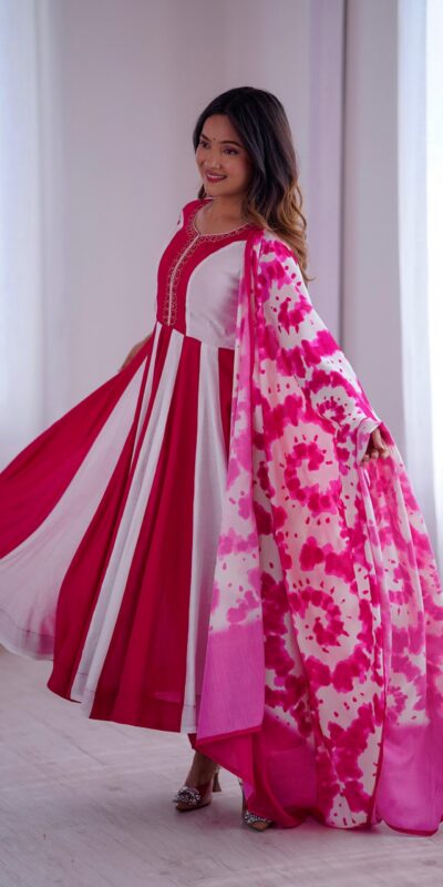 ZF 5014 Pink Roman Silk Gown with Embroidery Work & Digital Print . Exclusive Offer ₹2149. Delivery 4-6 Working Days. Shop now. | Bollywood Gowns, Creative Gowns, Designer Gowns, Embroidered Gowns, Gowns, Party Wear Gowns