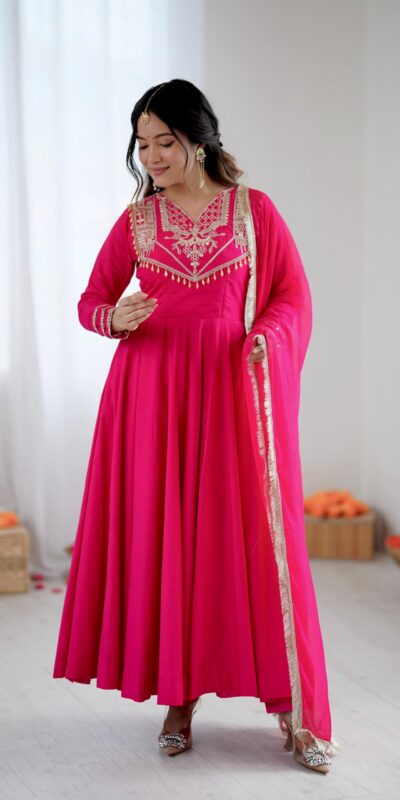 ZSR 3149 Pink Roman silk Gown Perfect for Wedding, Party, Sangeet, Haldi, Lohri – . Introductory Price ₹2099. Delivery 4-6 Working Days. Shop now. | Bollywood Gowns, Creative Gowns, Designer Gowns, Embroidered Gowns, Gowns, Party Wear Gowns