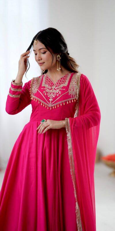 ZSR 3149 Pink Roman silk Gown Perfect for Wedding, Party, Sangeet, Haldi, Lohri – . Introductory Price ₹2099. Delivery 4-6 Working Days. Shop now. | Bollywood Gowns, Creative Gowns, Designer Gowns, Embroidered Gowns, Gowns, Party Wear Gowns