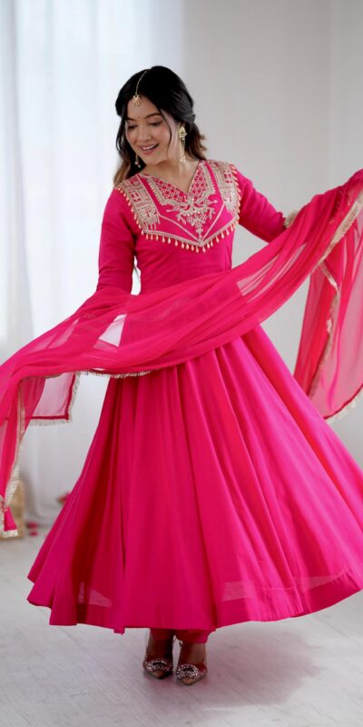 ZSR 3149 Pink Roman silk Gown Perfect for Wedding, Party, Sangeet, Haldi, Lohri – . Introductory Price ₹2099. Delivery 4-6 Working Days. Shop now. | Bollywood Gowns, Creative Gowns, Designer Gowns, Embroidered Gowns, Gowns, Party Wear Gowns