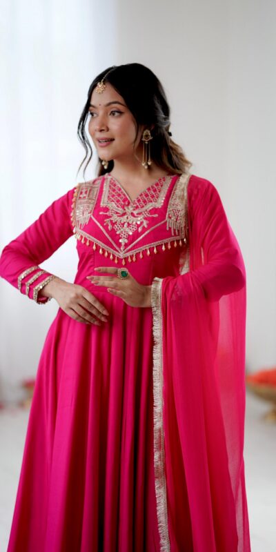 ZSR 3149 Pink Roman silk Gown Perfect for Wedding, Party, Sangeet, Haldi, Lohri – . Introductory Price ₹2099. Delivery 4-6 Working Days. Shop now. | Bollywood Gowns, Creative Gowns, Designer Gowns, Embroidered Gowns, Gowns, Party Wear Gowns