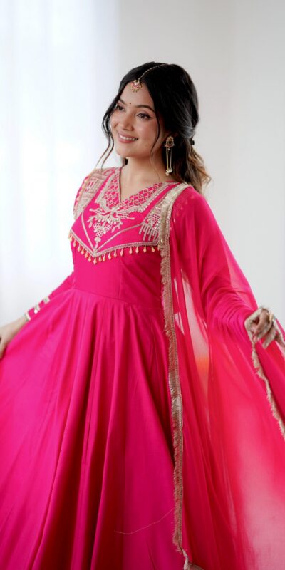 ZSR 3149 Pink Roman silk Gown Perfect for Wedding, Party, Sangeet, Haldi, Lohri – . Introductory Price ₹2099. Delivery 4-6 Working Days. Shop now. | Bollywood Gowns, Creative Gowns, Designer Gowns, Embroidered Gowns, Gowns, Party Wear Gowns
