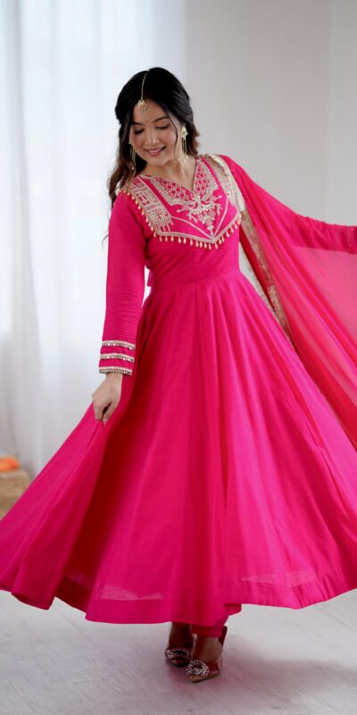 ZSR 3149 Pink Roman silk Gown Perfect for Wedding, Party, Sangeet, Haldi, Lohri – . Introductory Price ₹2099. Delivery 4-6 Working Days. Shop now. | Bollywood Gowns, Creative Gowns, Designer Gowns, Embroidered Gowns, Gowns, Party Wear Gowns