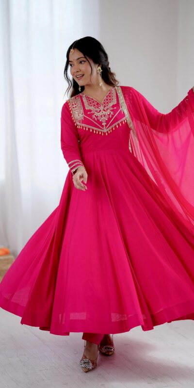 ZSR 3149 Pink Roman silk Gown Perfect for Wedding, Party, Sangeet, Haldi, Lohri – . Introductory Price ₹2099. Delivery 4-6 Working Days. Shop now. | Bollywood Gowns, Creative Gowns, Designer Gowns, Embroidered Gowns, Gowns, Party Wear Gowns