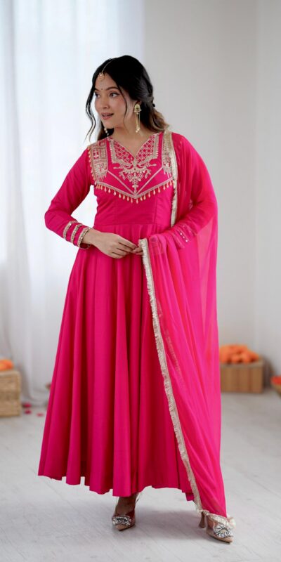 ZSR 3149 Pink Roman silk Gown Perfect for Wedding, Party, Sangeet, Haldi, Lohri – . Introductory Price ₹2099. Delivery 4-6 Working Days. Shop now. | Bollywood Gowns, Creative Gowns, Designer Gowns, Embroidered Gowns, Gowns, Party Wear Gowns