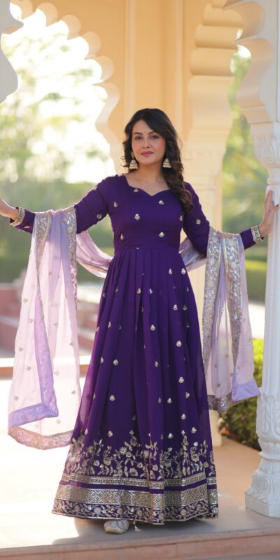 KA 1206 Purple in Star GeorgetteFandy Zari Work & Embroidery Work Gown . Introductory Price ₹2549. Delivery 4-6 Working Days. Shop now. | Bollywood Gowns, Creative Gowns, Designer Gowns, Embroidered Gowns, Gowns, Party Wear Gowns
