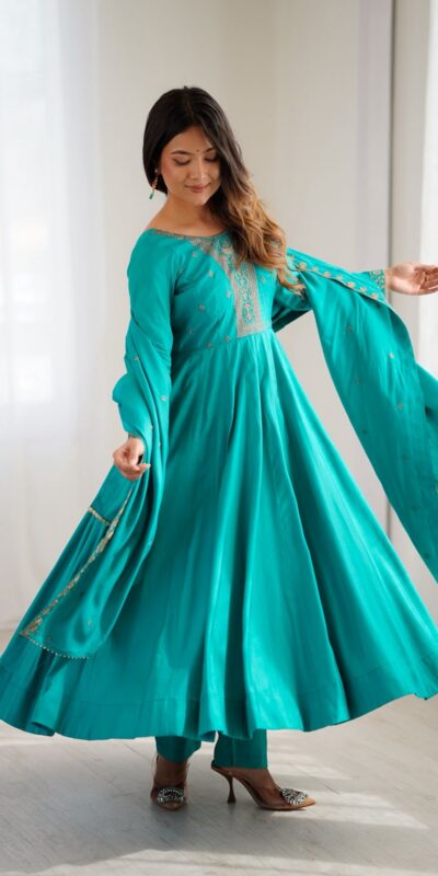 KB 288 Rama in Roman Shimmer Chanderi Silk Embroidery Work & Bead Work Salwar Suit . Grab it for ₹2399. Delivery 4-6 Working Days. Shop now. | Jump Suits, Tops & Bottoms, Track Suits, Trendy Wear, Casual Suits, Creative suits, Designer Suits, Palazzo Suits, Party Wear Suits, Patiala Suits, Salwar suit, Straight Suits
