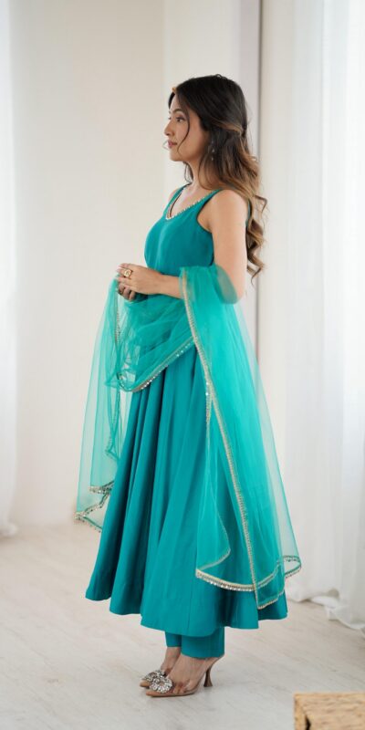 KB 285 Rama Color in Roman Silk Chanderi Mirror Work & Lace Work Gown . Best Price ₹1929. Delivery 4-6 Working Days. Shop now. | Bollywood Gowns, Creative Gowns, Designer Gowns, Embroidered Gowns, Gowns, Party Wear Gowns