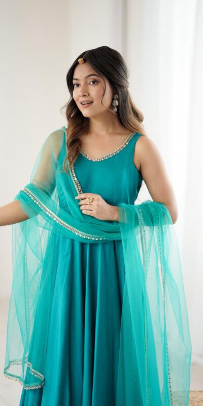 KB 285 Rama Color in Roman Silk Chanderi Mirror Work & Lace Work Gown . Best Price ₹1929. Delivery 4-6 Working Days. Shop now. | Bollywood Gowns, Creative Gowns, Designer Gowns, Embroidered Gowns, Gowns, Party Wear Gowns