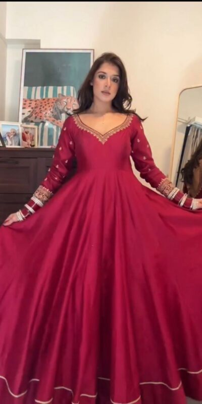 KD 1552 Red Chinon Silk Gown Perfect for Wedding, Party, Family Gatherings, Baisakhi, Baby Shower – . Grab it for ₹1999. Delivery 4-6 Working Days. | Bollywood Gowns, Creative Gowns, Designer Gowns, Embroidered Gowns, Gowns, Party Wear Gowns