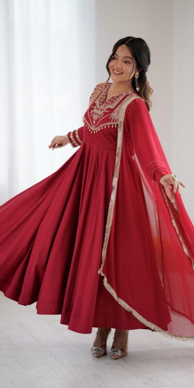 ZSR 3149 Red Roman silk Gown Perfect for Wedding, Party, Sangeet, Haldi, Lohri – . Introductory Price ₹2099. Delivery 4-6 Working Days. Shop now. | Bollywood Gowns, Creative Gowns, Designer Gowns, Embroidered Gowns, Gowns, Party Wear Gowns