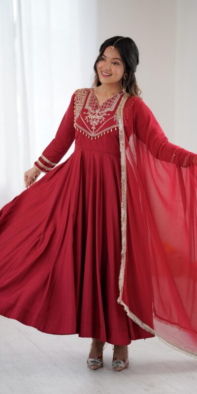 ZSR 3149 Red Roman silk Gown Perfect for Wedding, Party, Sangeet, Haldi, Lohri – . Introductory Price ₹2099. Delivery 4-6 Working Days. Shop now. | Bollywood Gowns, Creative Gowns, Designer Gowns, Embroidered Gowns, Gowns, Party Wear Gowns