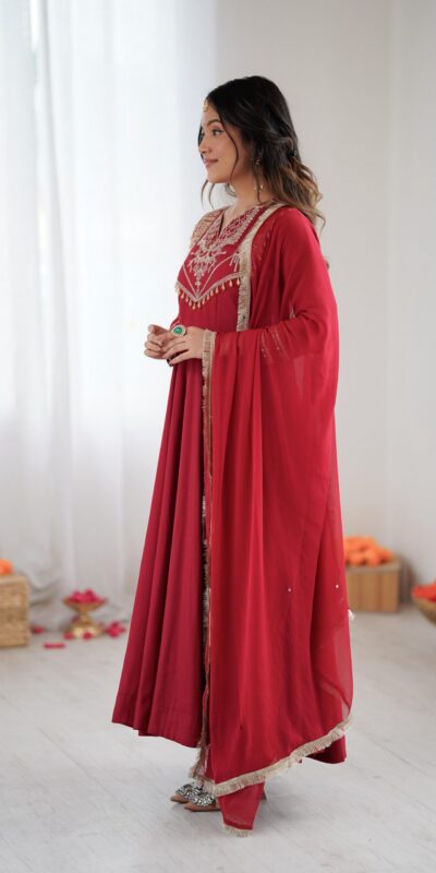 ZSR 3149 Red Roman silk Gown Perfect for Wedding, Party, Sangeet, Haldi, Lohri – . Introductory Price ₹2099. Delivery 4-6 Working Days. Shop now. | Bollywood Gowns, Creative Gowns, Designer Gowns, Embroidered Gowns, Gowns, Party Wear Gowns