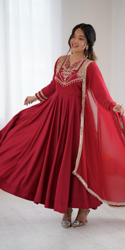 ZSR 3149 Red Roman silk Gown Perfect for Wedding, Party, Sangeet, Haldi, Lohri – . Introductory Price ₹2099. Delivery 4-6 Working Days. Shop now. | Bollywood Gowns, Creative Gowns, Designer Gowns, Embroidered Gowns, Gowns, Party Wear Gowns