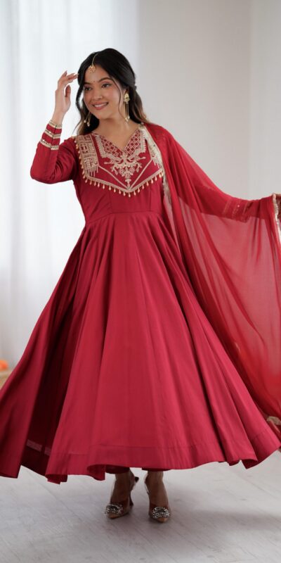 ZSR 3149 Red Roman silk Gown Perfect for Wedding, Party, Sangeet, Haldi, Lohri – . Introductory Price ₹2099. Delivery 4-6 Working Days. Shop now. | Bollywood Gowns, Creative Gowns, Designer Gowns, Embroidered Gowns, Gowns, Party Wear Gowns