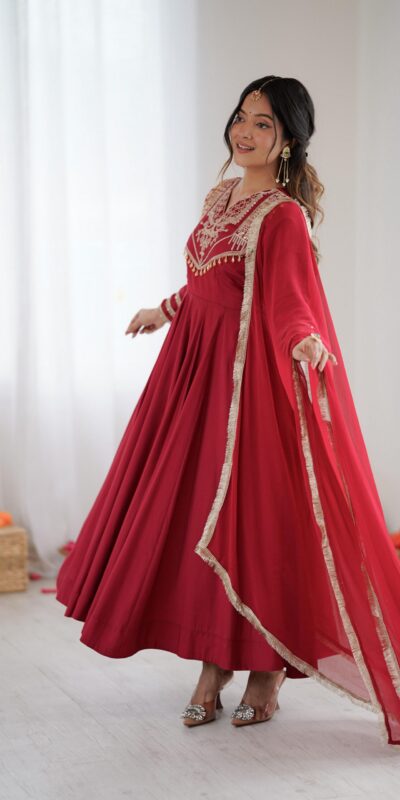 ZSR 3149 Red Roman silk Gown Perfect for Wedding, Party, Sangeet, Haldi, Lohri – . Introductory Price ₹2099. Delivery 4-6 Working Days. Shop now. | Bollywood Gowns, Creative Gowns, Designer Gowns, Embroidered Gowns, Gowns, Party Wear Gowns