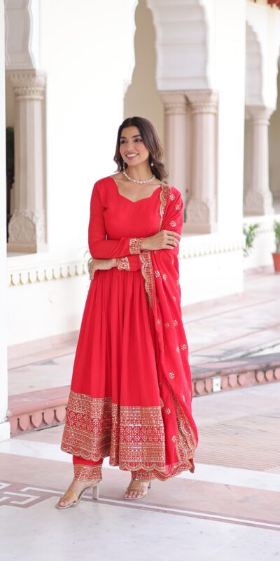 KA 1209 Red Vichitra Silk Gown with Embroidery Work & Sequins Work. Get it for ₹2499. Delivery 4-6 Working Days. Shop now. | Bollywood Gowns, Creative Gowns, Designer Gowns, Embroidered Gowns, Gowns, Party Wear Gowns