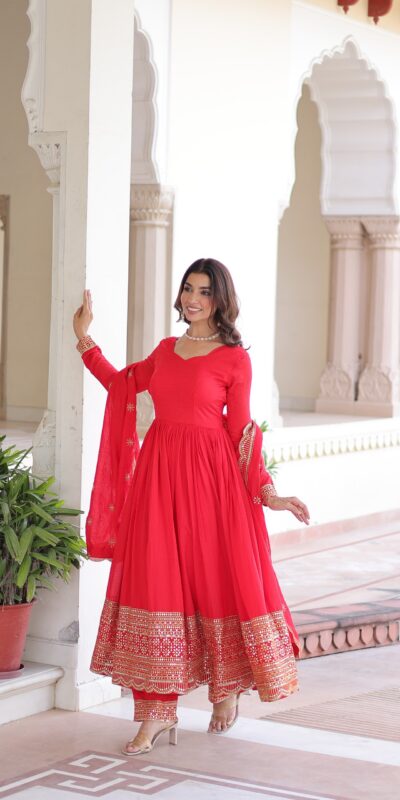 KA 1209 Red Vichitra Silk Gown with Embroidery Work & Sequins Work. Get it for ₹2499. Delivery 4-6 Working Days. Shop now. | Bollywood Gowns, Creative Gowns, Designer Gowns, Embroidered Gowns, Gowns, Party Wear Gowns