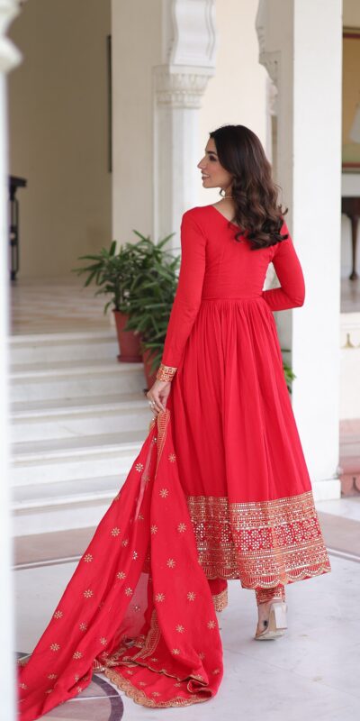 KA 1209 Red Vichitra Silk Gown with Embroidery Work & Sequins Work. Get it for ₹2499. Delivery 4-6 Working Days. Shop now. | Bollywood Gowns, Creative Gowns, Designer Gowns, Embroidered Gowns, Gowns, Party Wear Gowns