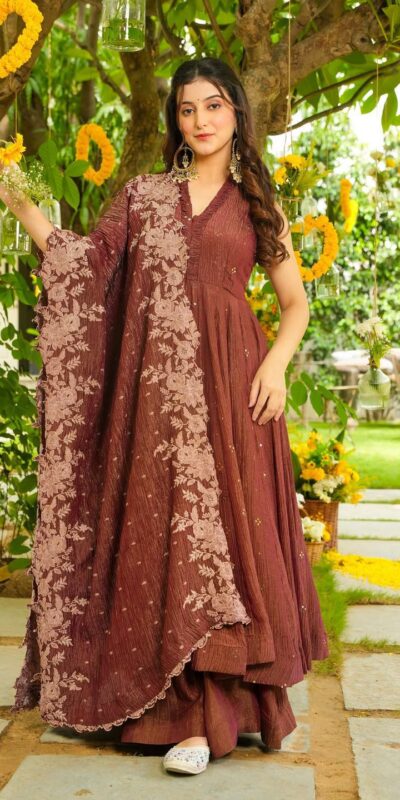LG 2046 Rust Crunchy Salwar Suit with Embroidery Work. Wedding, Party, Festive, Events, Exclusive Offer ₹2099. Delivery 4-6 Working Days. Shop now. | Jump Suits, Straight Suits, Tops & Bottoms, Track Suits, Trendy Wear, Casual Suits, Creative suits, Designer Suits, Palazzo Suits, Party Wear Suits, Patiala Suits, Salwar suit