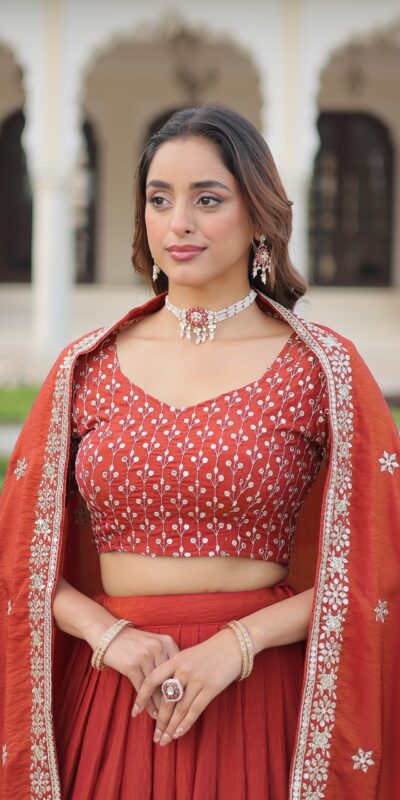 KA 5055 Rust Vichitra Silk Lehenga Choli with Embroidery Work & Sequins Work. Introductory Price ₹3049. Delivery 4-6 Working Days. Shop now. | Bollywood Lehenga, Creative Lehenga, Designer Lehenga, Embroidered Lehenga, Lehenga, Party Wear Lehenga