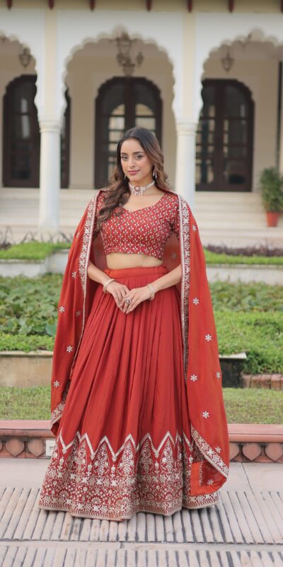 KA 5055 Rust Vichitra Silk Lehenga Choli with Embroidery Work & Sequins Work. Introductory Price ₹3049. Delivery 4-6 Working Days. Shop now. | Bollywood Lehenga, Creative Lehenga, Designer Lehenga, Embroidered Lehenga, Lehenga, Party Wear Lehenga