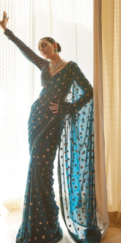 DF 3468 Teal Faux Georgette Saree with Embroidery Work & Sequins Work. Grab it for ₹1799. Delivery 4-6 Working Days. Shop now. | Bollywood Sarees, Creative Sarees, Designer Sarees, Embroidered Sarees, Ethnic Saree, Modern Digital sarees, Party Wear Sarees, Sarees