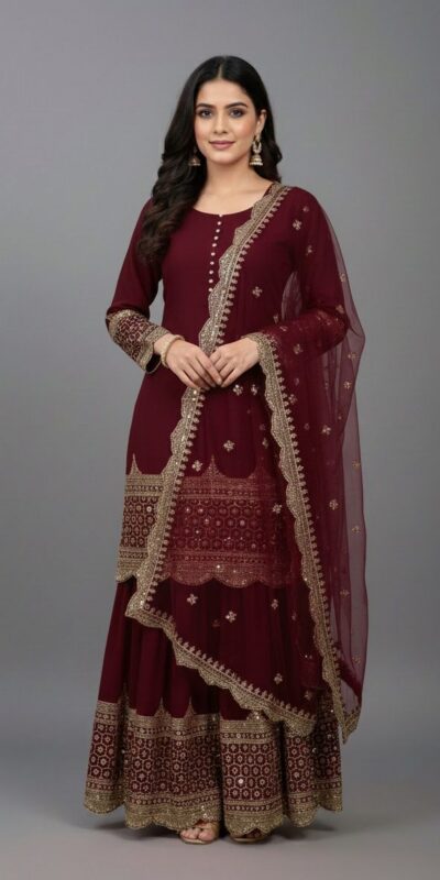 Maroon Faux Georgette Embroider Salwar Suit