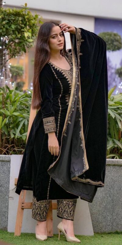AD 089 Black Viscose Velvet Salwar Suit with Embroidery Work. Affordable Price ₹1999. Delivery 4-6 Working Days. Shop now. | Jump Suits, Straight Suits, Casual Suits, Creative suits, Designer Suits, Palazzo Suits, Party Wear Suits, Patiala Suits, Salwar suit